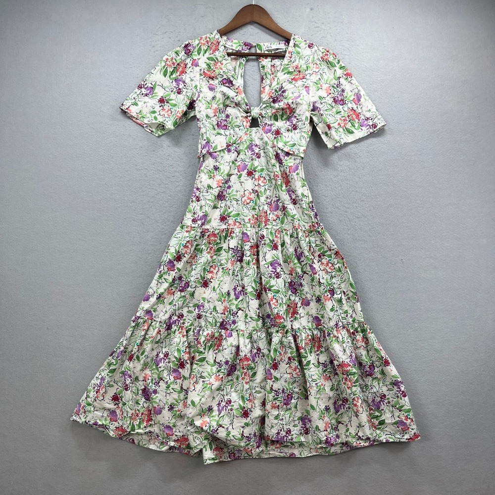 Zara Floral Tiered Maxi Dress Womens Small White Purple Floral Knot Front Boho